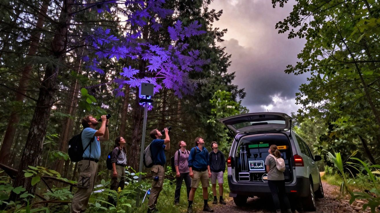 Grupo de pessoas em floresta observando árvores iluminadas ao lado de carro com equipamentos tecnológicos.