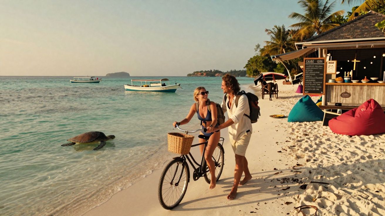 Casal feliz com bicicleta na praia com tartaruga no mar e quiosque ao fundo ao entardecer.