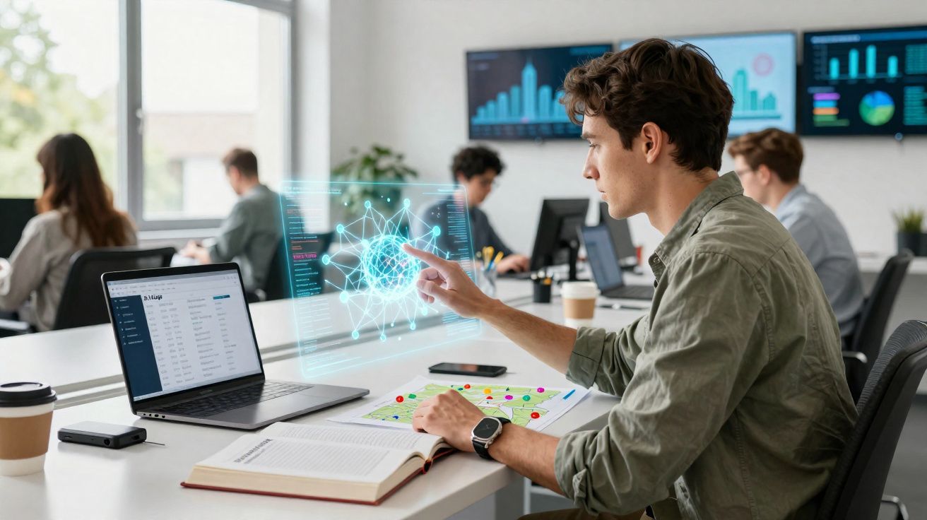 Jovem manipulando interface digital holográfica em escritório com colegas e laptops ao fundo.