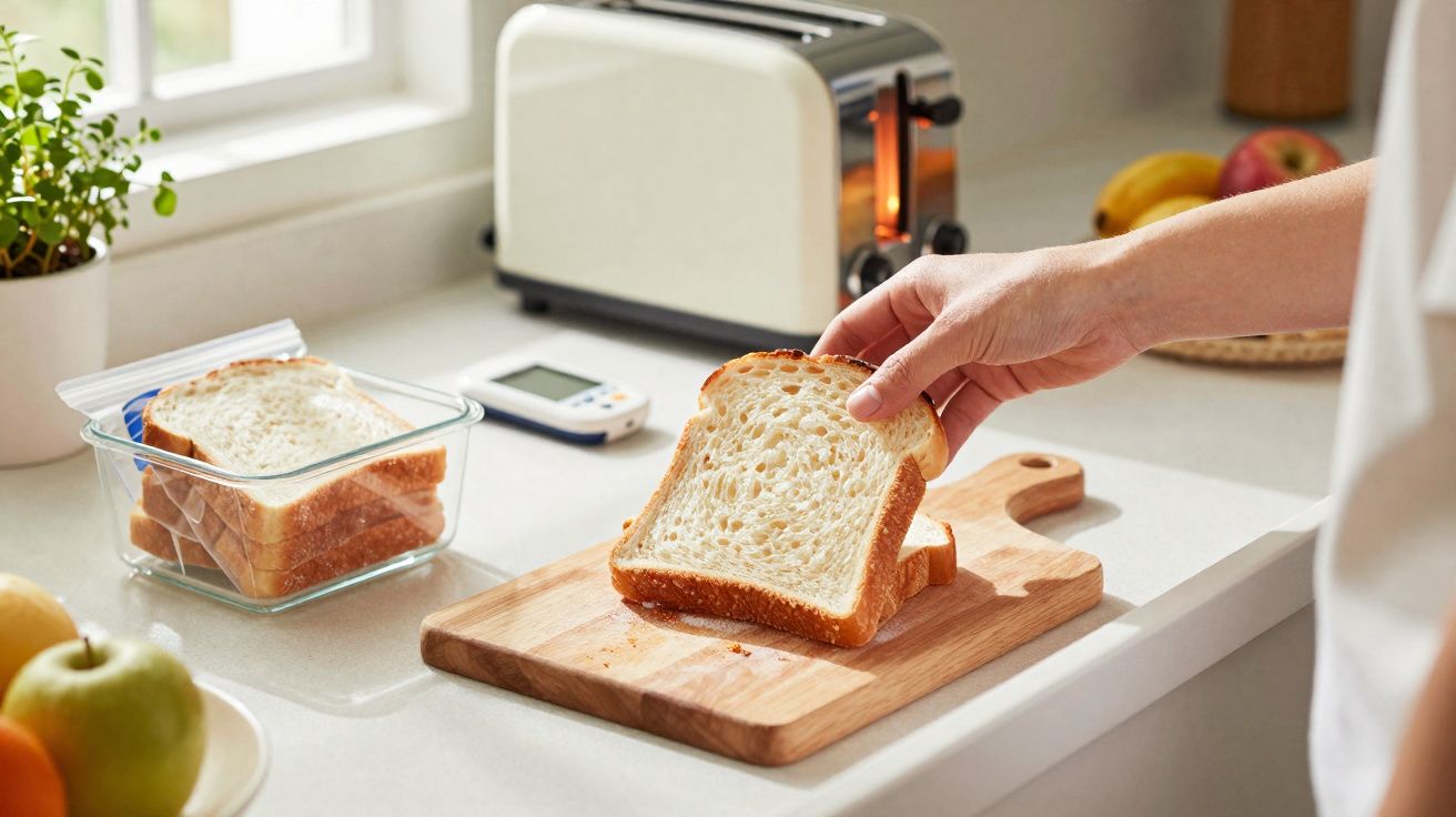 Pessoa segurando fatia de pão branco sobre tábua de madeira em cozinha com torradeira e frutas.