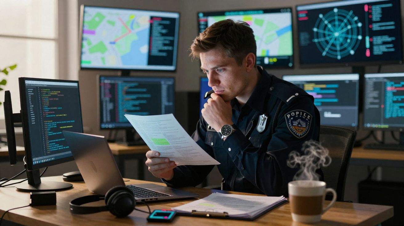 Policial masculino analisando documento em escritório com múltiplos monitores e dados digitais.