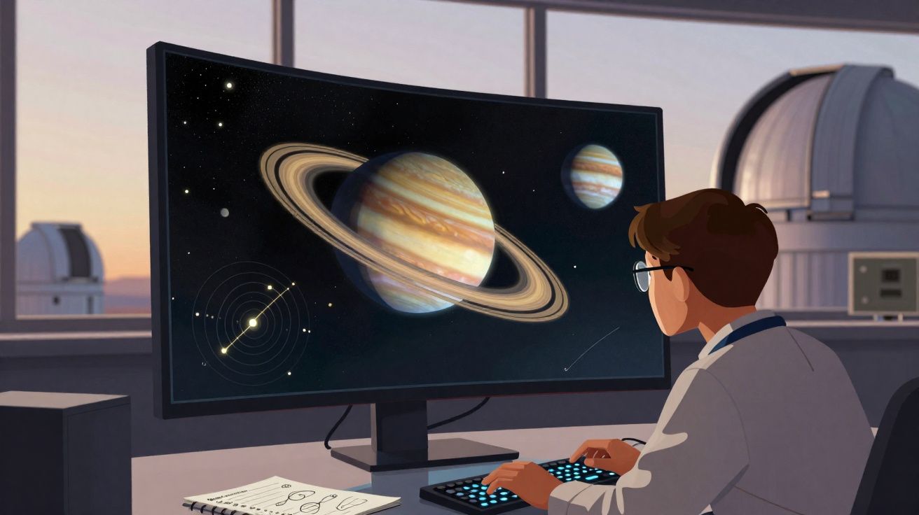 Pessoa observando imagens de planetas e anéis em tela de computador em ambiente de observatório astronômico.