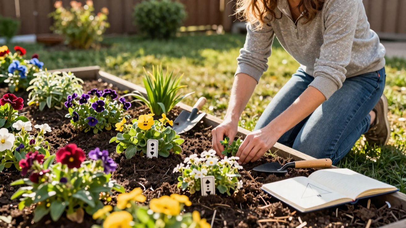 Pessoa plantando flores coloridas em um canteiro no jardim em dia ensolarado.