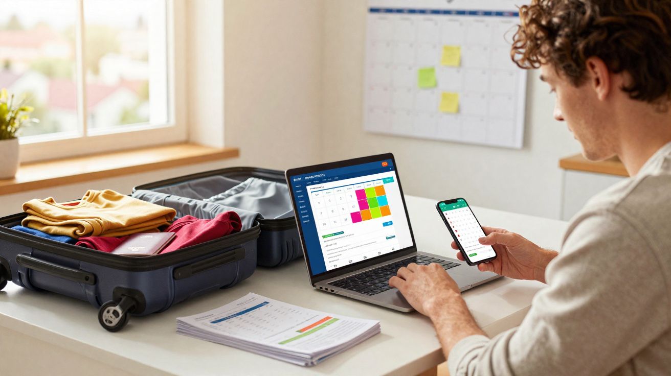 Homem sentado organizando agenda no celular e laptop, com mala aberta e roupas ao lado em mesa branca.