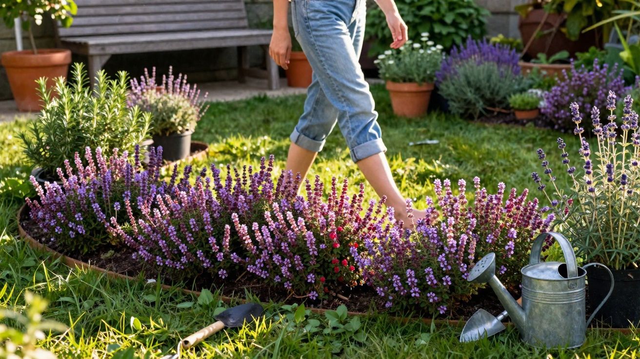 Pessoa com calça jeans cuidando de jardim com flores roxas em canteiro ao ar livre, regador e pá no gramado.
