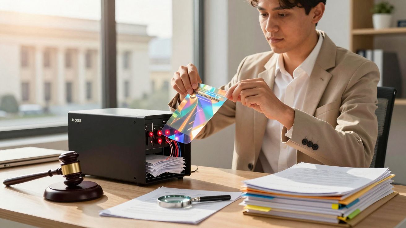 Pessoa usando scanner holográfico para digitalizar documentos em mesa de escritório com maço e pilhas de papéis.