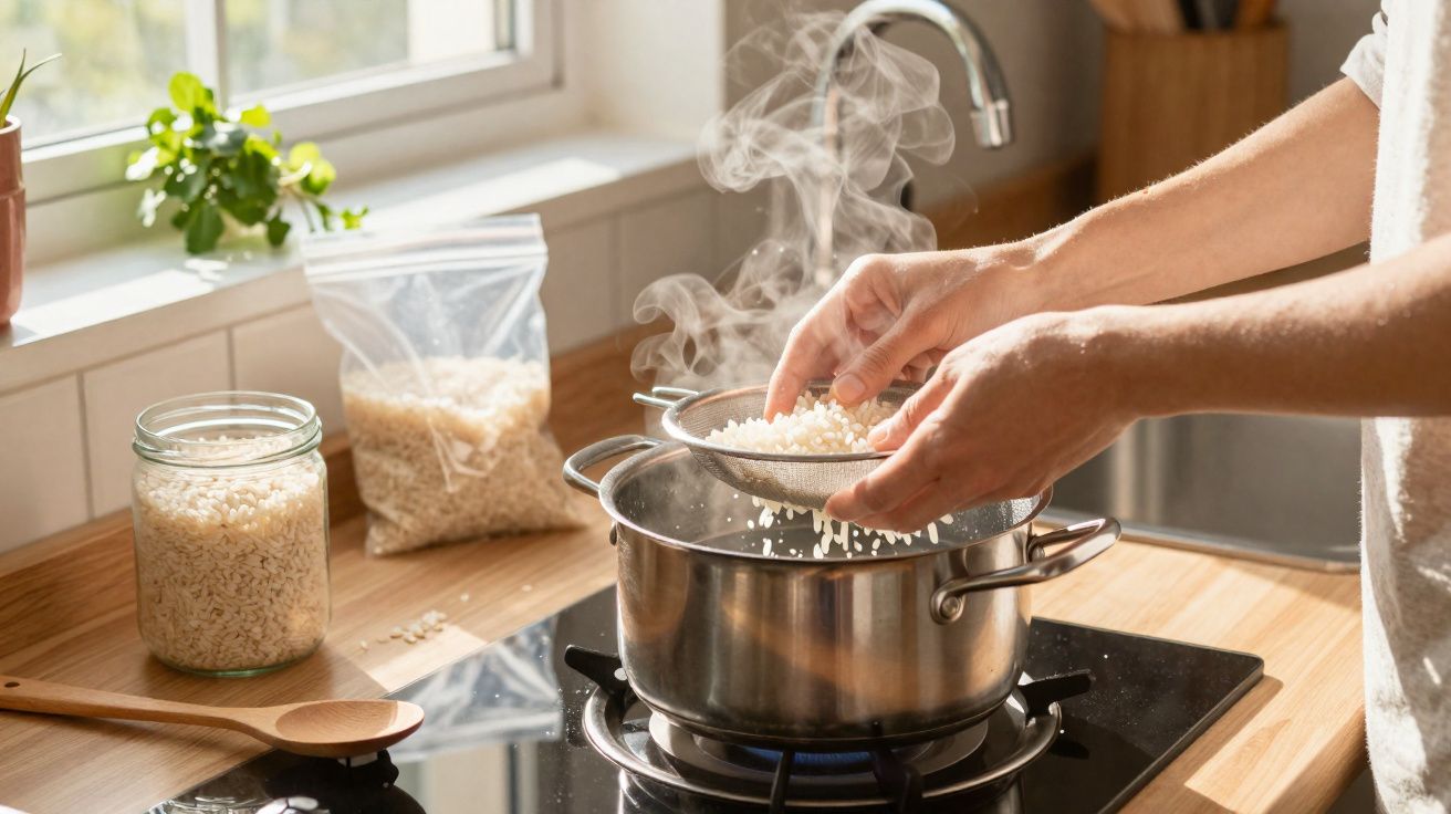 Mãos segurando peneira com arroz sobre panela com vapor em fogão na cozinha iluminada pelo sol.