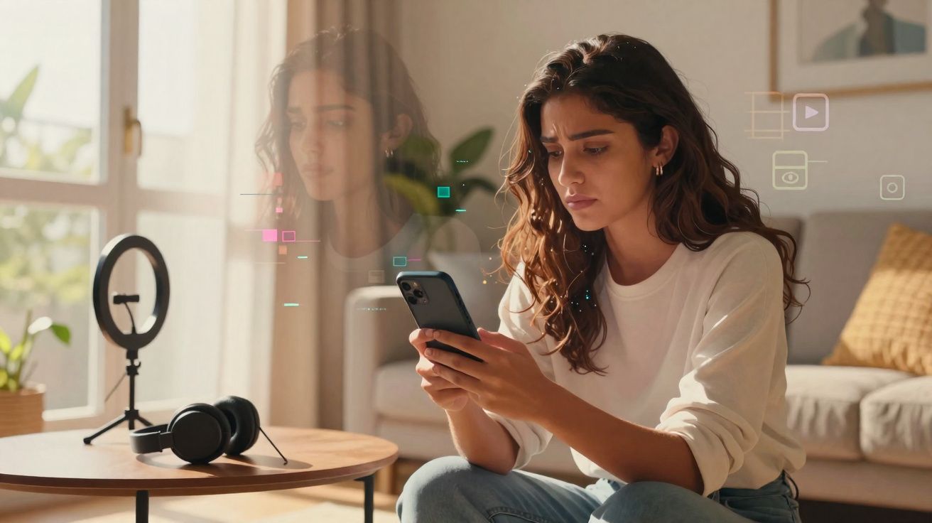 Mulher sentada no sofá usando celular com expressão preocupada em sala iluminada natural.