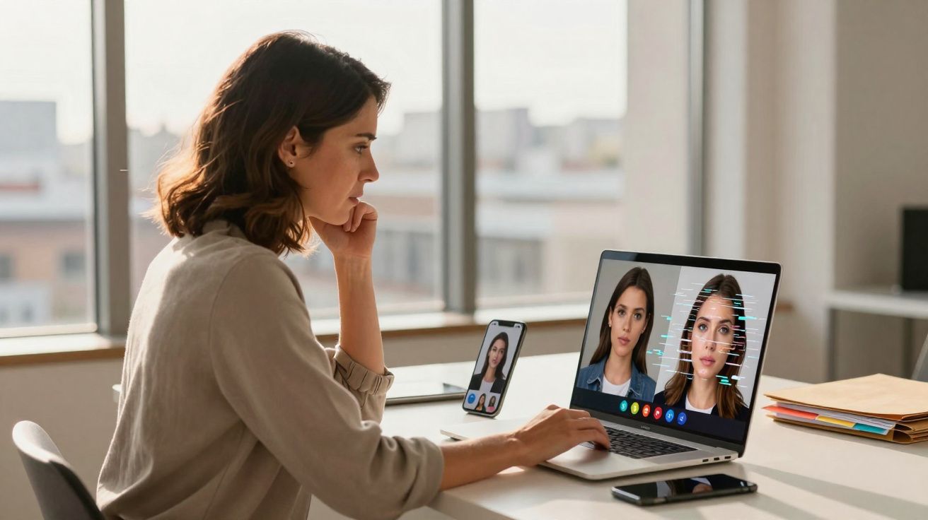 Mulher sentada em mesa participando de videochamada em laptop e celular com análise facial na tela do computador.