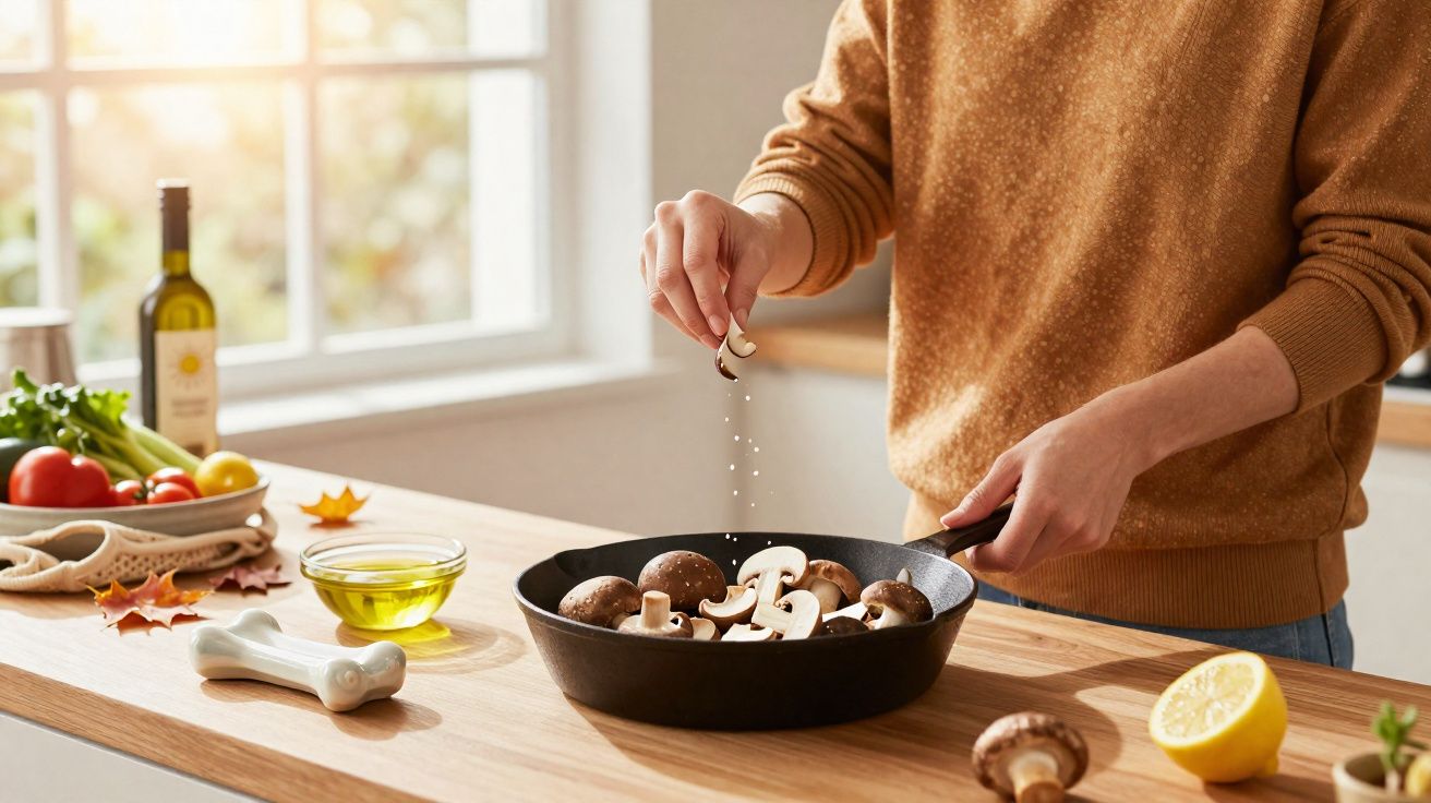 Pessoa temperando cogumelos em frigideira na cozinha iluminada, com legumes, azeite e limão na bancada.