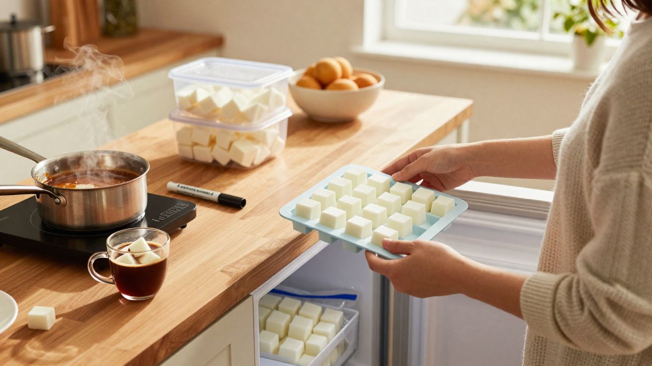 Pessoa retirando bandeja de cubos de manteiga do congelador em cozinha com panela no fogão e ovos na bancada