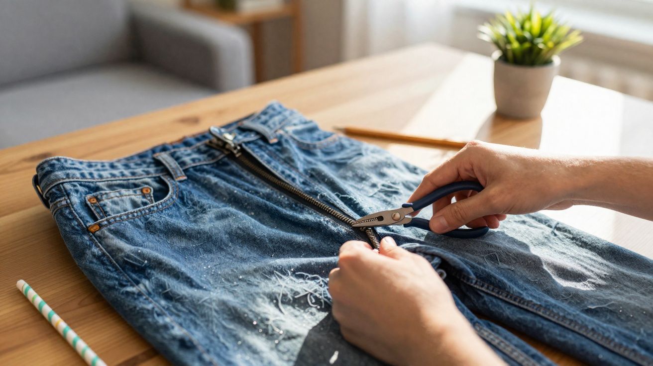 Mãos usando alicate para retirar zíper de calça jeans azul sobre mesa de madeira, com planta ao fundo.