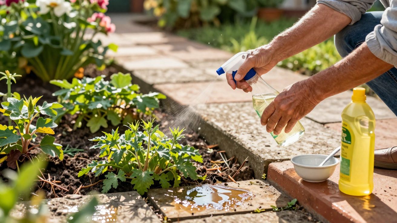 Pessoa regando plantas com borrifador em jardim durante dia ensolarado.