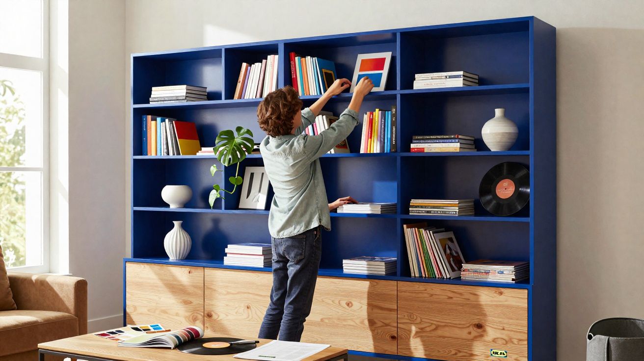 Pessoa organizando livros em estante azul com madeira clara em sala iluminada por janela ampla.