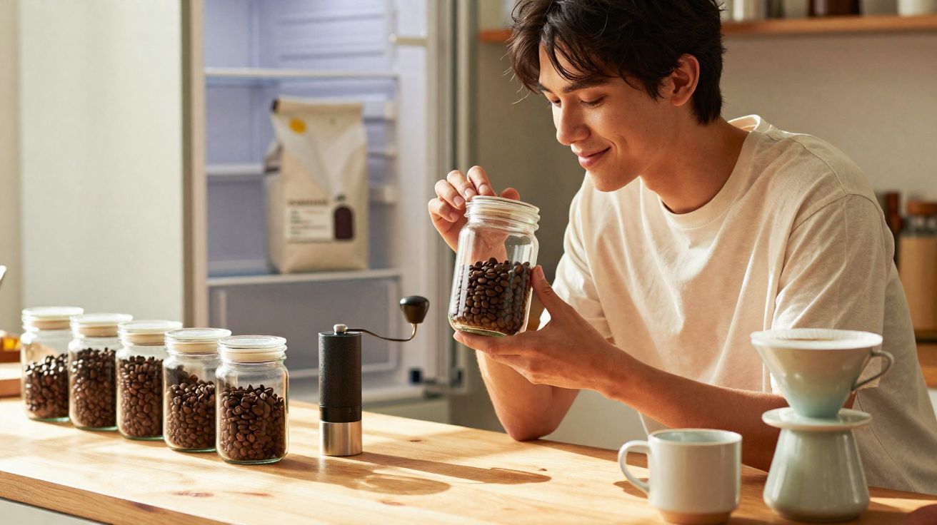 Jovem segurando pote com grãos de café em cozinha, com vários potes alinhados e utensílios para preparo ao redor.