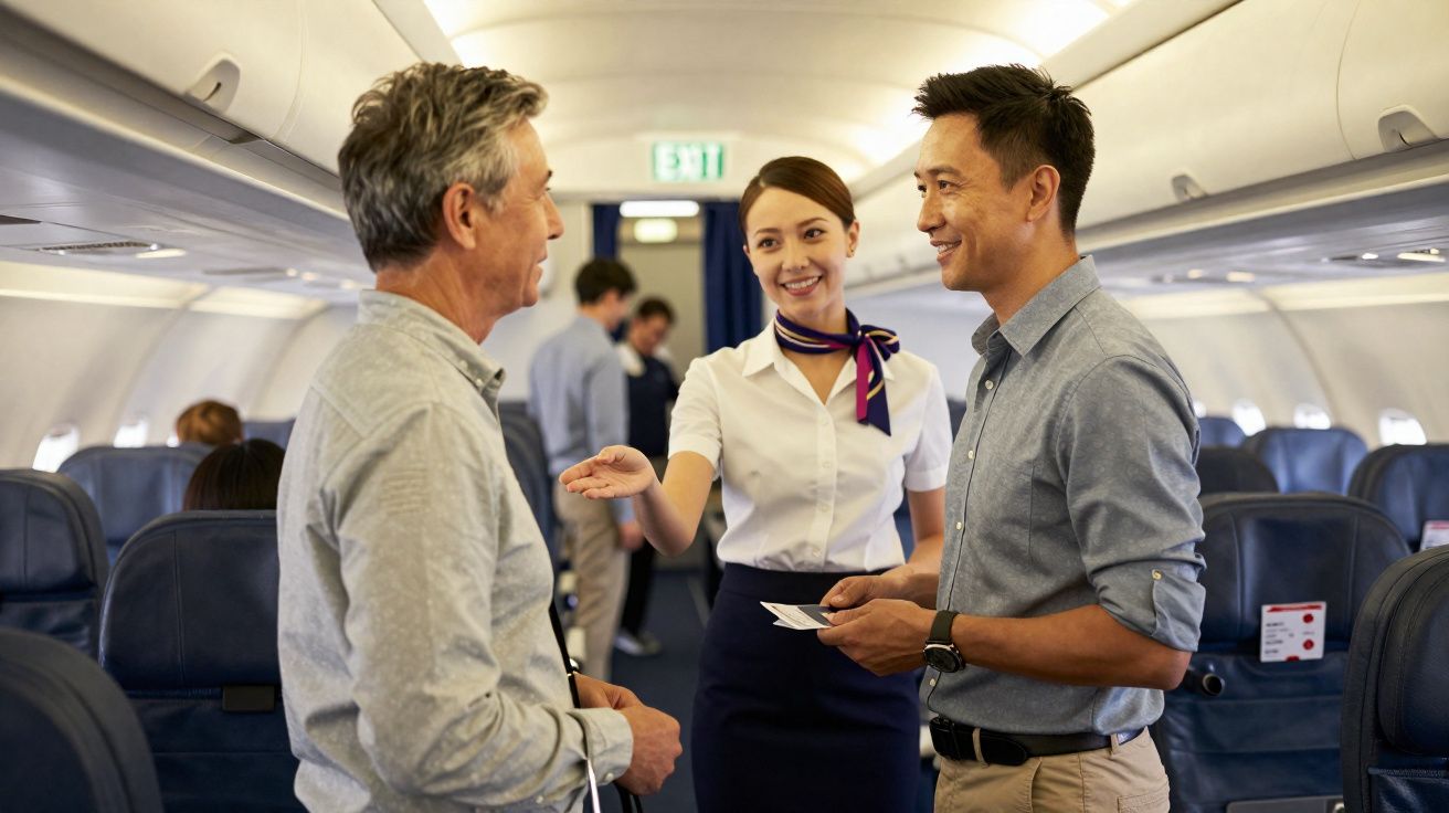 Comissária de bordo sorri oferecendo ajuda a dois passageiros dentro de avião.