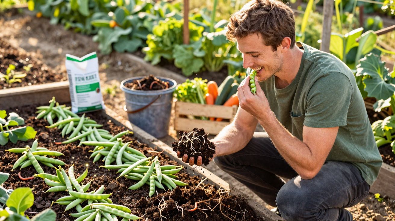 Homem sorridente colhendo e comendo ervilha fresca em horta com vegetais ao redor.