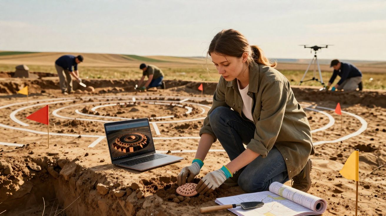 Arqueóloga escavando e analisando artefatos circulares em sítio arqueológico ao ar livre com equipe ao fundo.