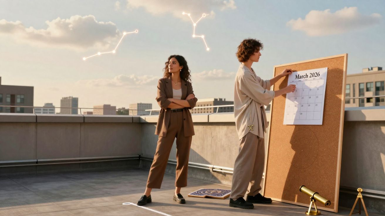 Duas pessoas em terraço com quadro de calendário de março 2026, constelações no céu e telescópio ao lado.