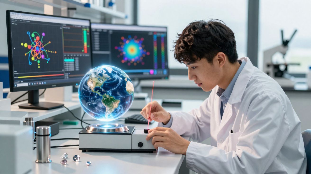 Cientista em laboratório manipula dispositivo holográfico com imagem 3D do planeta Terra e gráficos digitais.