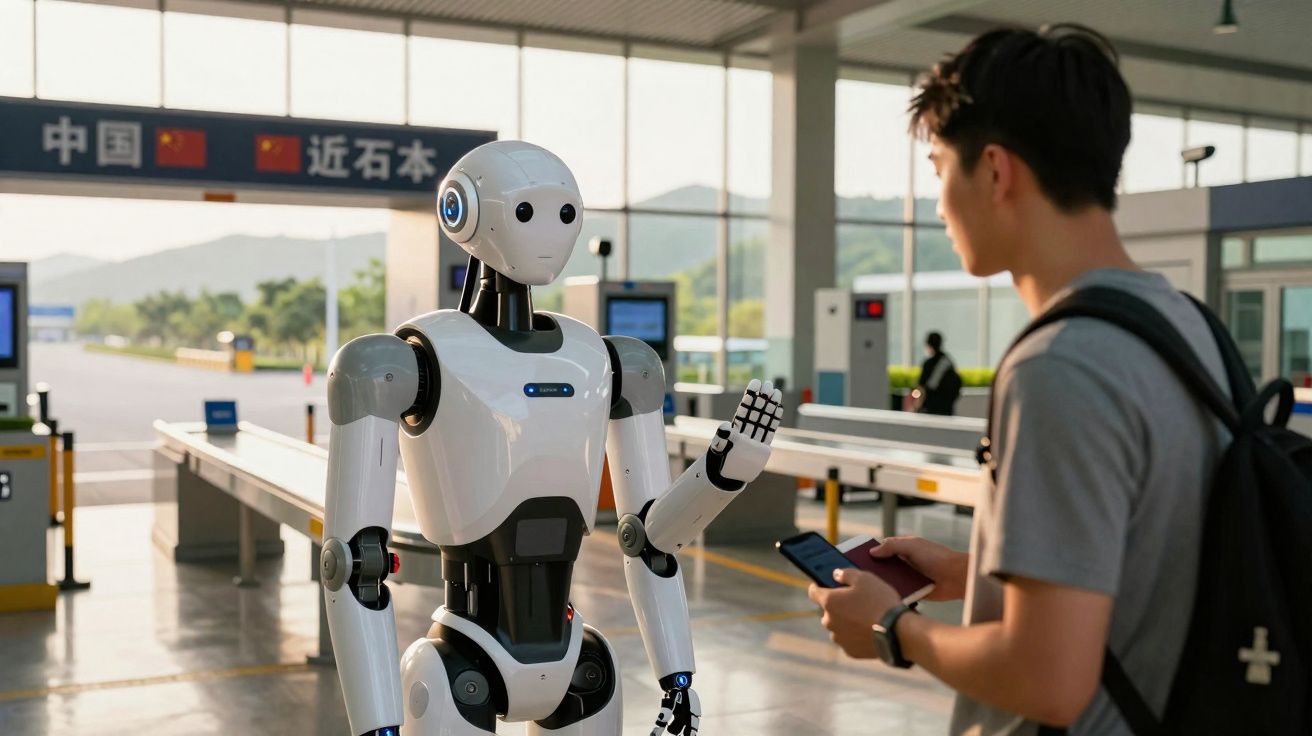 Robô branco interage com homem em estação de transporte moderna, com paisagem e letreiros ao fundo.