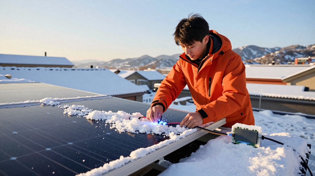 Homem com jaqueta laranja trabalhando na instalação de painéis solares cobertos de neve em telhado na neve.