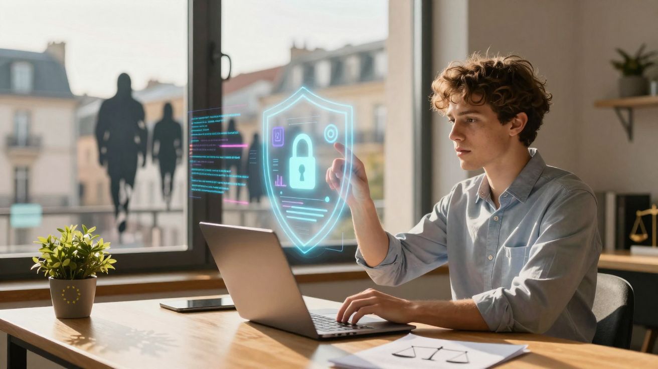 Jovem trabalhando em laptop com holograma de escudo de segurança digital no escritório.