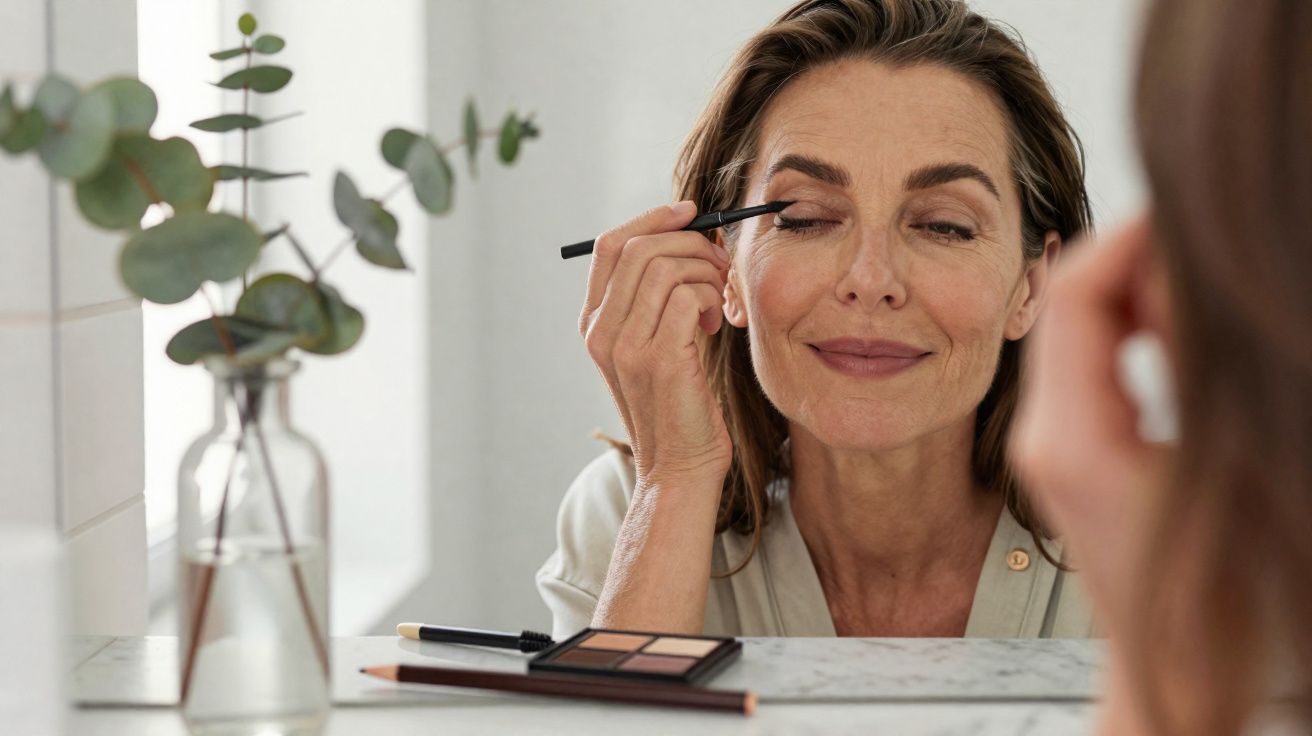 Mulher aplicando maquiagem nos olhos em frente ao espelho com paleta e pincéis sobre a bancada.