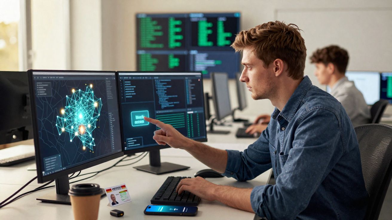 Homem jovem trabalhando em computador com mapas digitais e códigos em escritório moderno.