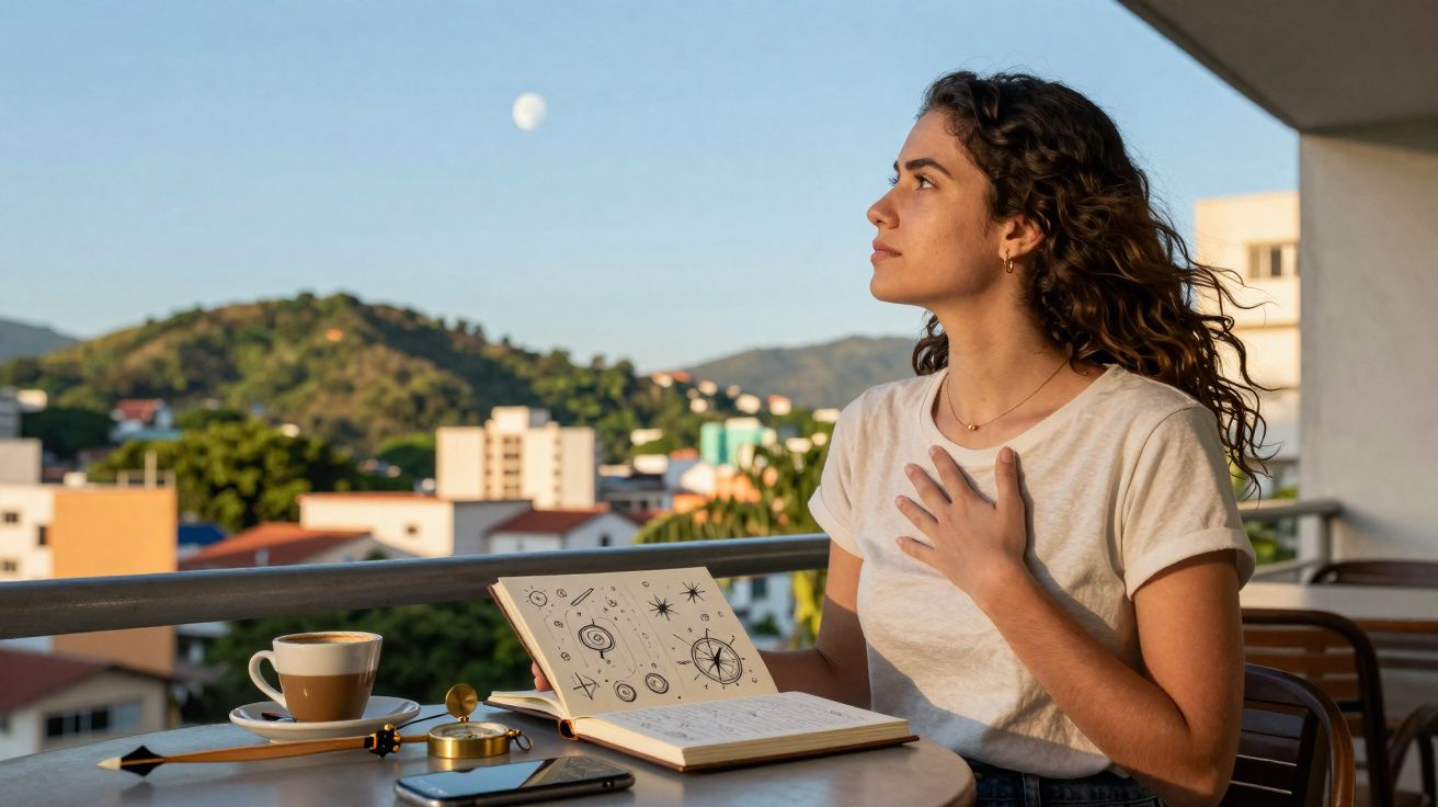 Mulher olhando para a lua em varanda com caderno aberto, café e acessórios sobre a mesa.