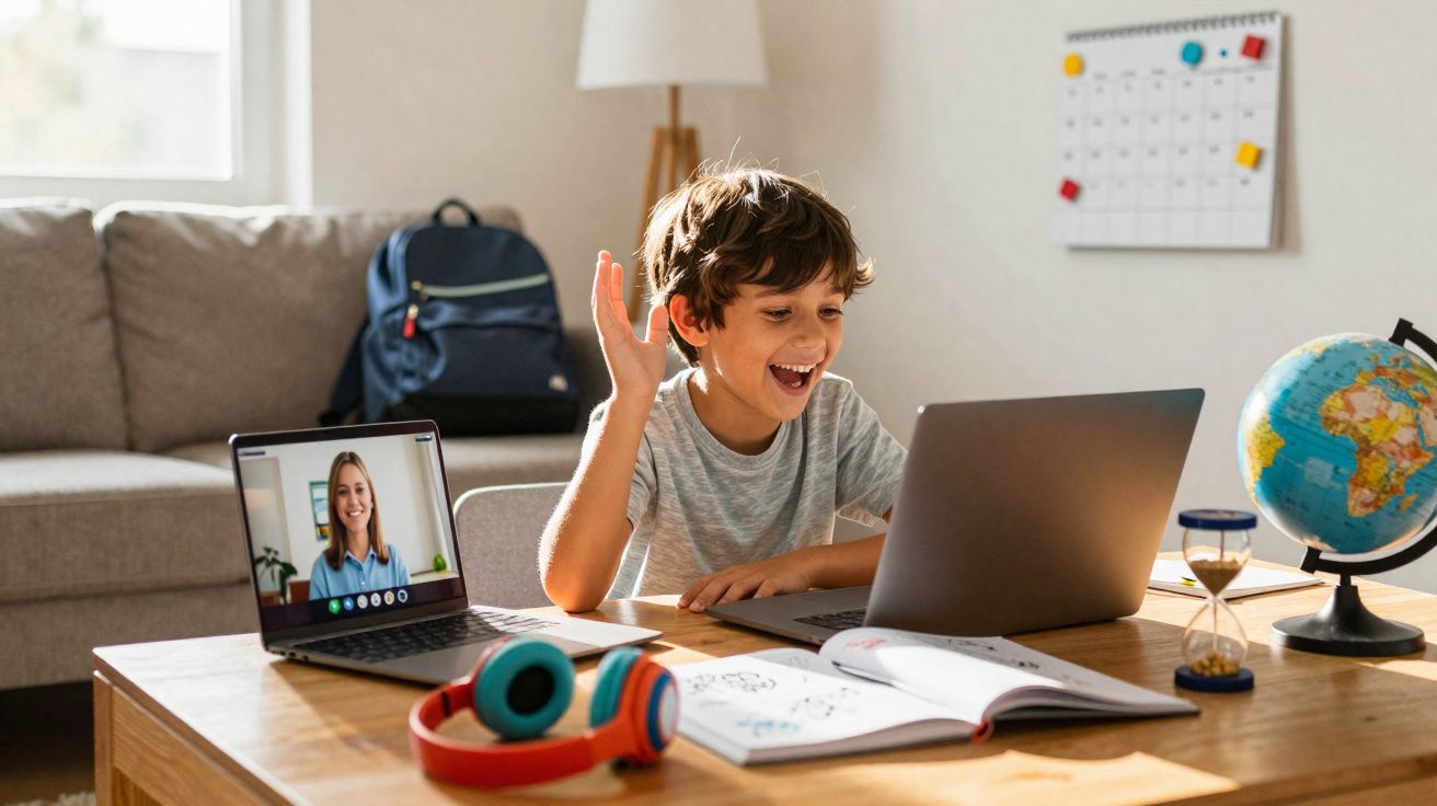 Criança sorrindo faz aula online em casa com livros, fones de ouvido e globo terrestre sobre a mesa.