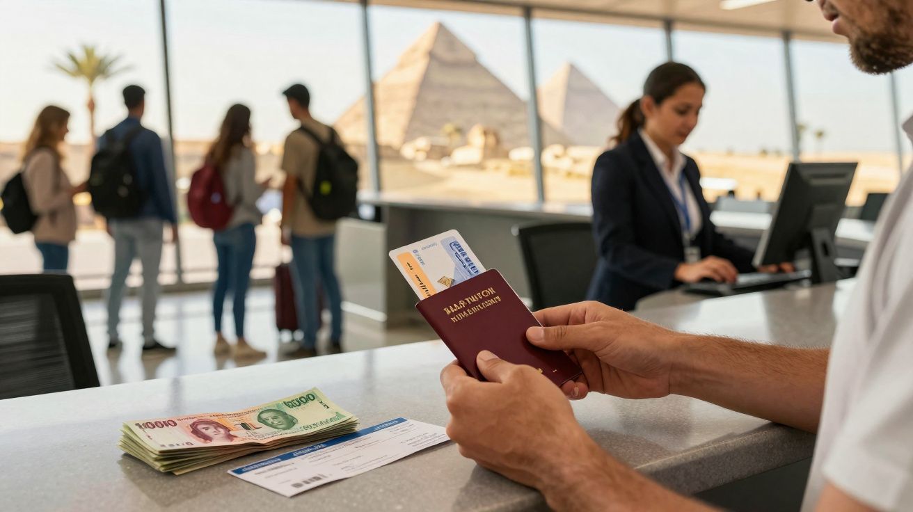 Pessoa segurando passaporte e bilhete aéreo em balcão no aeroporto com pirâmides ao fundo.
