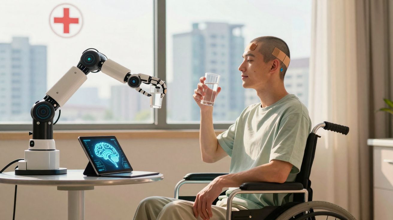 Homem em cadeira de rodas recebendo vidro de água de braço robótico em ambiente hospitalar.