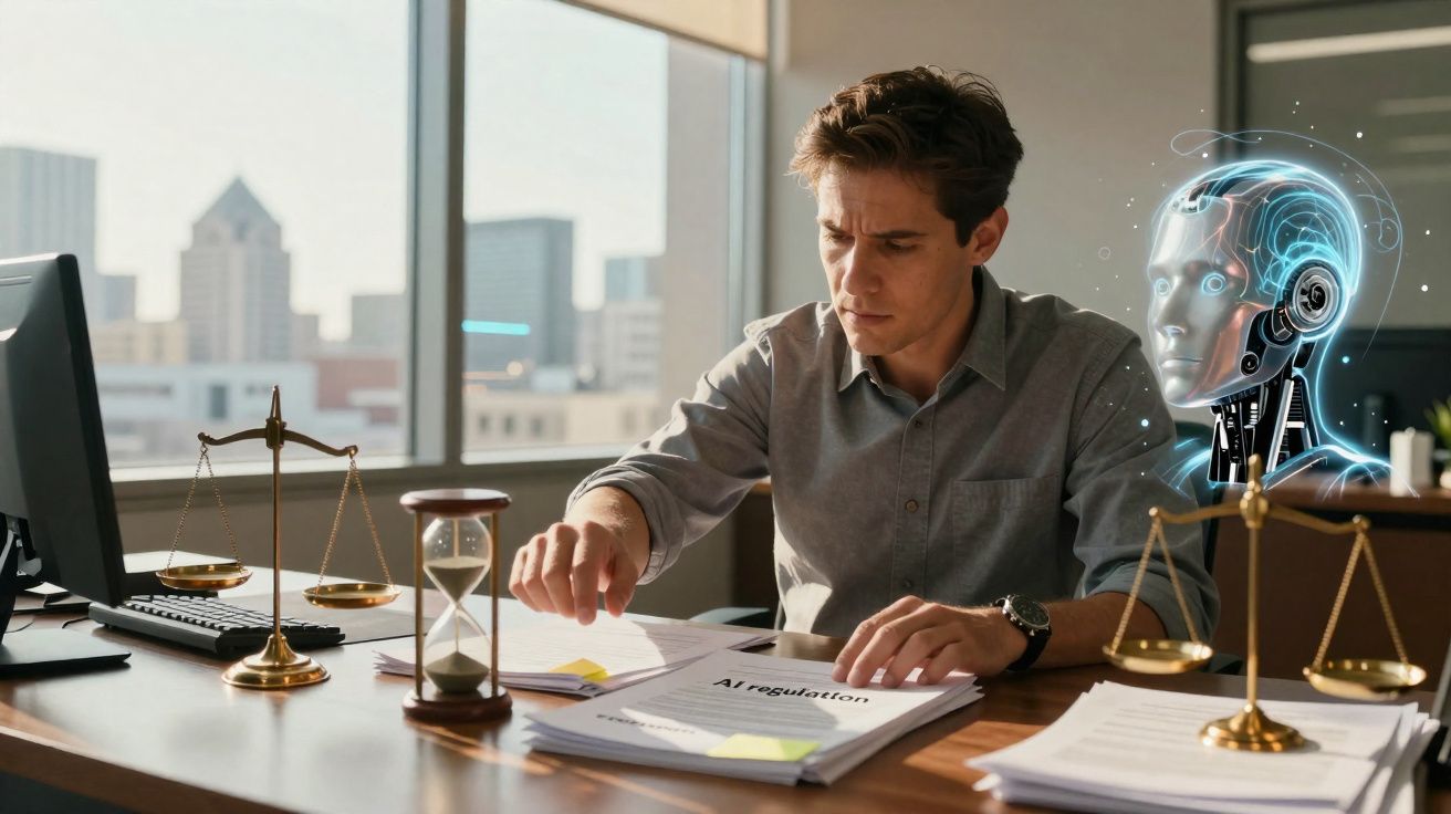 Homem analisando documentos sobre regulação de IA ao lado de robô holográfico e balanças na mesa de escritório.