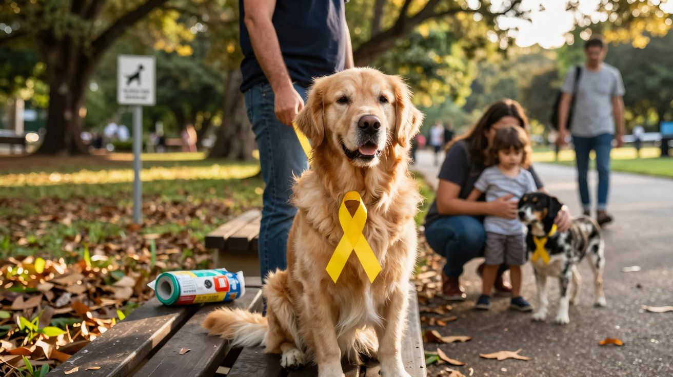 Cachorro dourado com laço amarelo sentado em banco de parque, com pessoas e outro cachorro ao fundo.