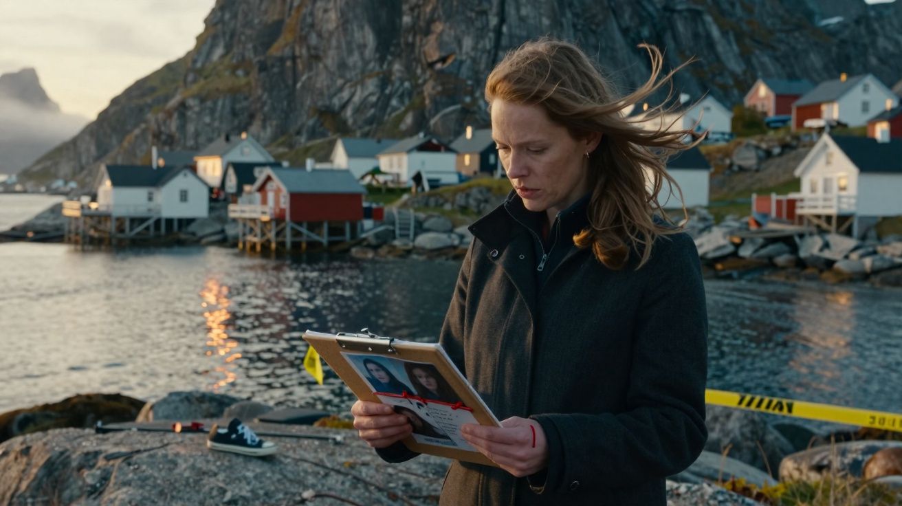 Mulher loira com casaco escuro segura prancheta em área rochosa perto de casas e mar ao pôr do sol.
