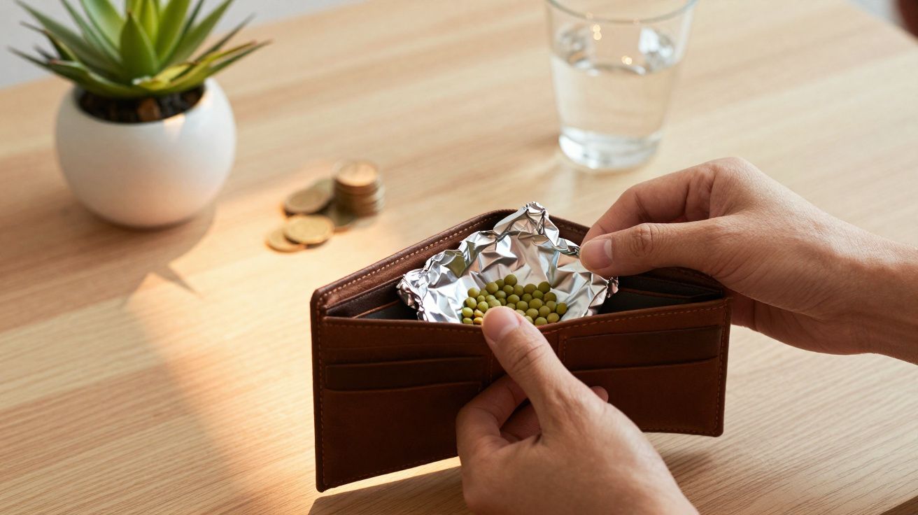 Mãos segurando carteira marrom com ervilhas em um pacote de alumínio, sobre mesa com moedas, planta e copo.