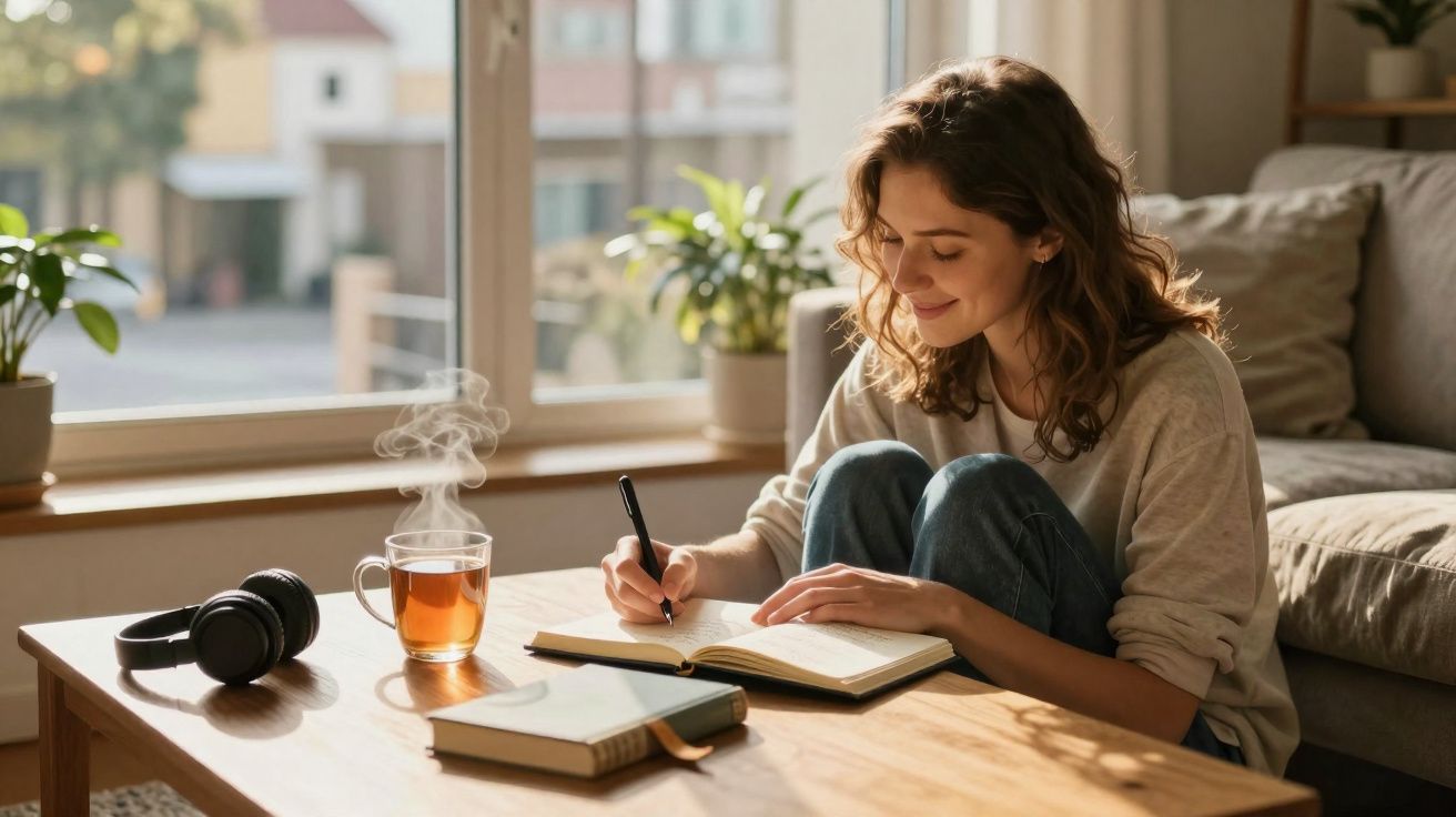 Mulher sorrindo escreve em caderno sentada no chão perto de mesa com chá quente e fones.