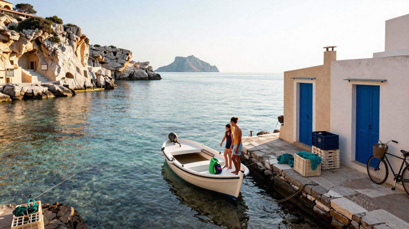 Casal em barco branco ancorado próximo a casas brancas com portas azuis e águas cristalinas no mar.