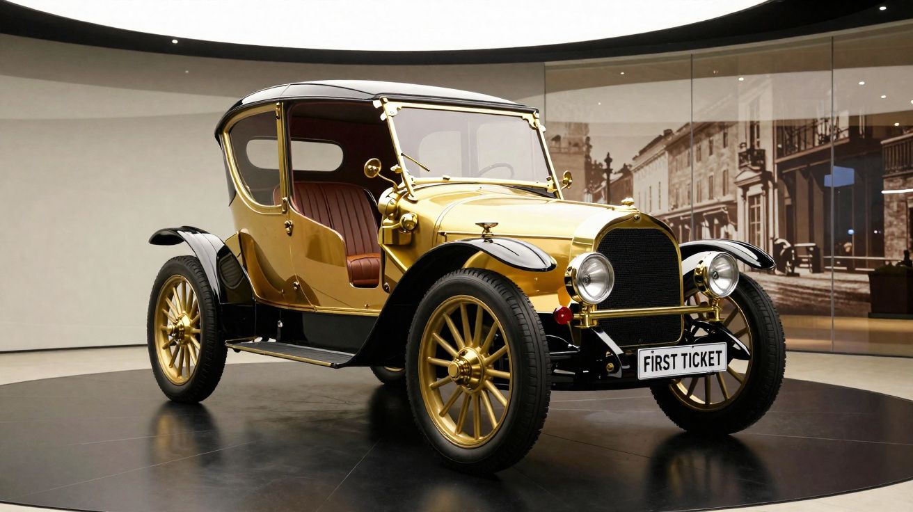 Carro antigo dourado exposto em museu com design clássico e rodas grandes.