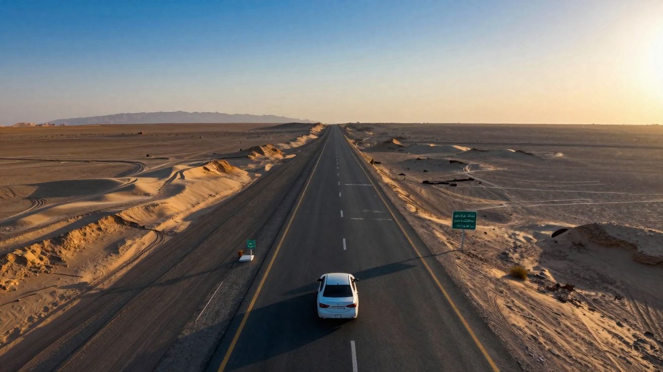 Carro branco dirigindo em estrada reta através de deserto com dunas ao entardecer.