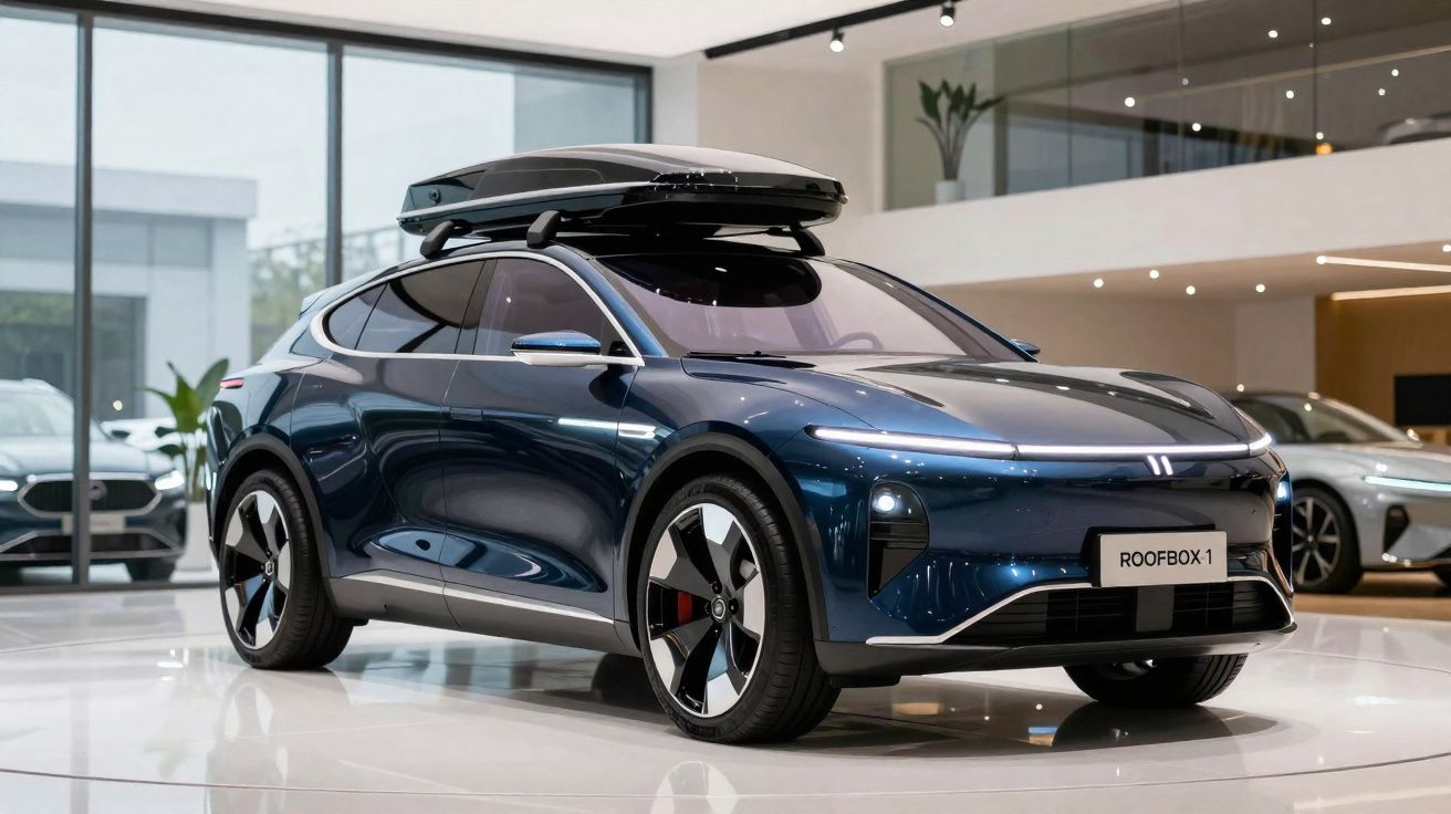 Carro elétrico azul escuro com bagageiro de teto exibido em showroom moderno.