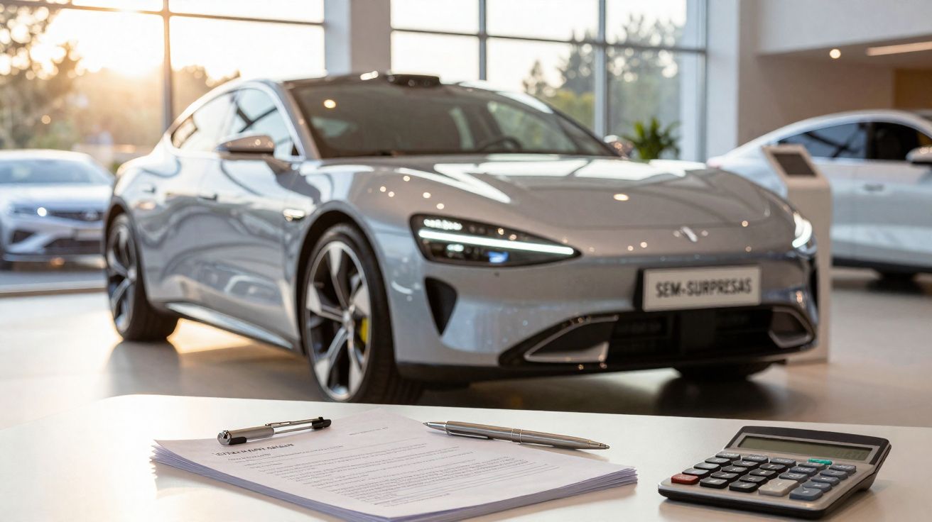 Carro esportivo cinza em loja com documentos, caneta e calculadora em mesa ao fundo.