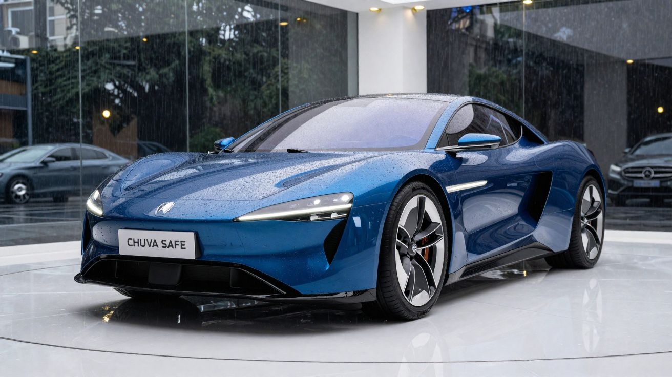 Carro esportivo azul elétrico com gotas de chuva exibido em salão moderno com piso branco.