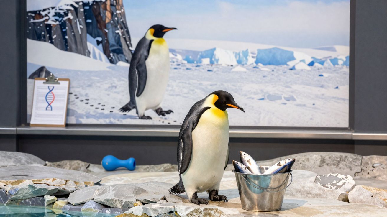 Pinguim em exposição em zoológico com balde de peixes e imagem de pinguim ao fundo.
