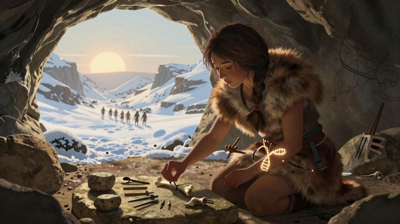Jovem pré-histórica em caverna, brincando com ossos e ferramentas, com paisagem nevada ao fundo.