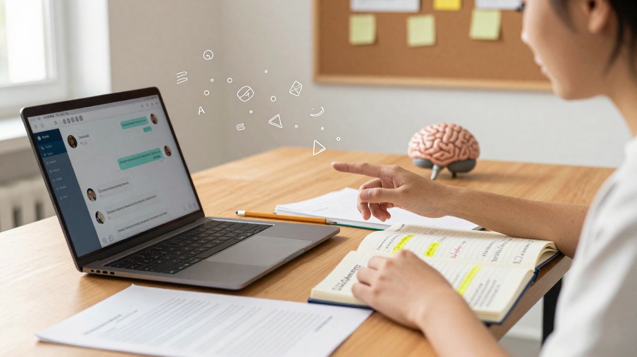 Pessoa estudando com livro e computador aberto em mesa, com modelo de cérebro ao fundo.