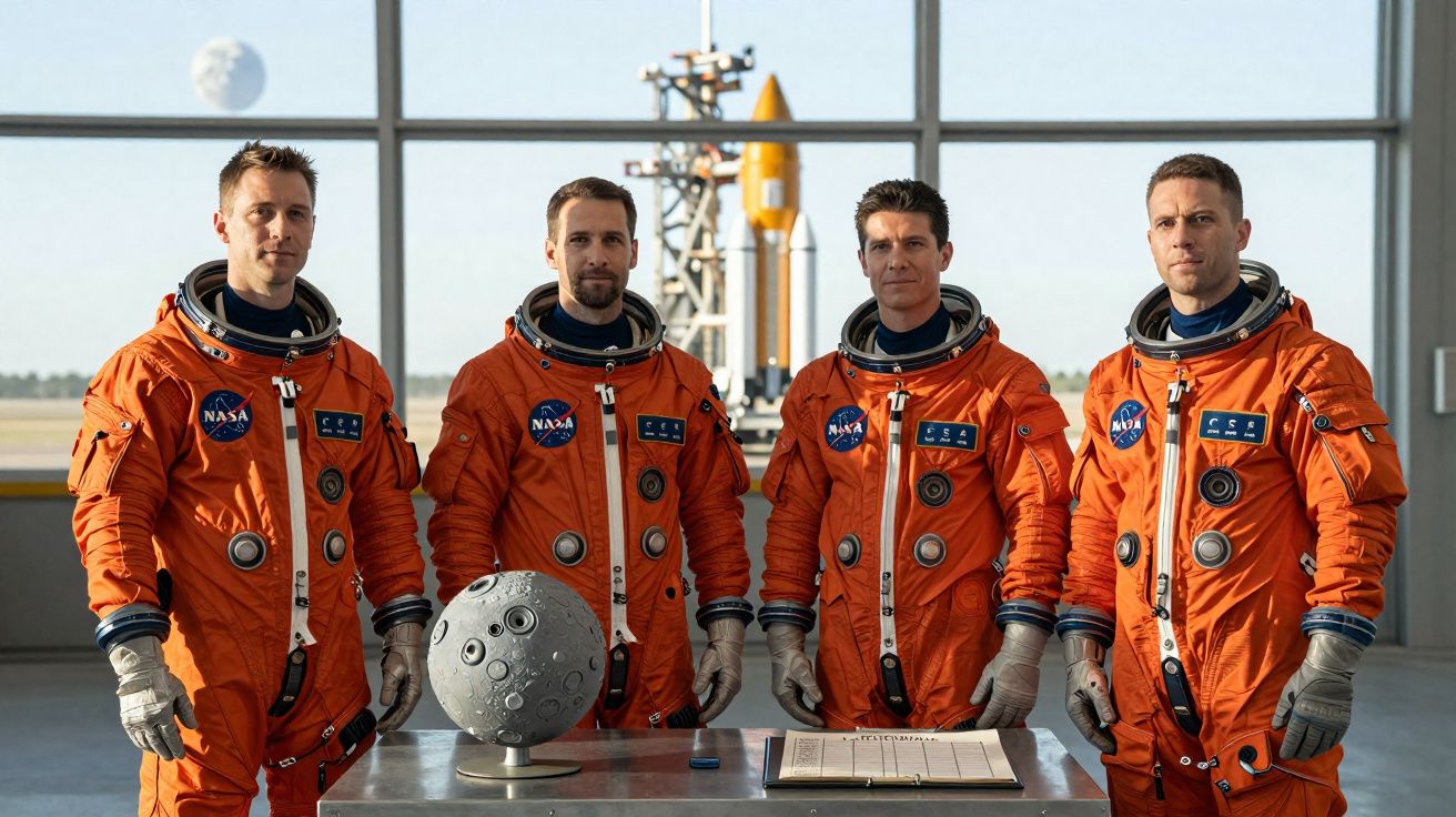 Quatro astronautas em trajes espaciais laranja posando em sala com modelo da Lua e foguete ao fundo.