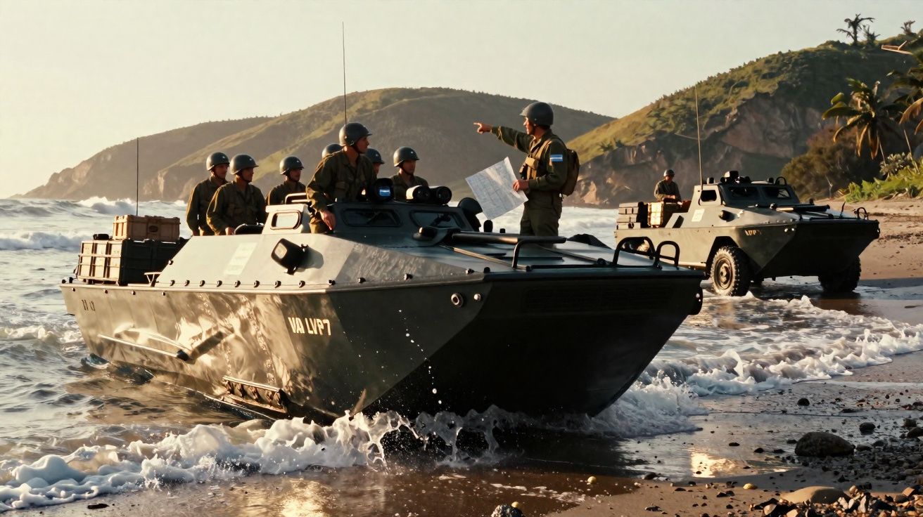Soldados com capacetes em veículos blindados anfíbios na praia com colinas ao fundo.