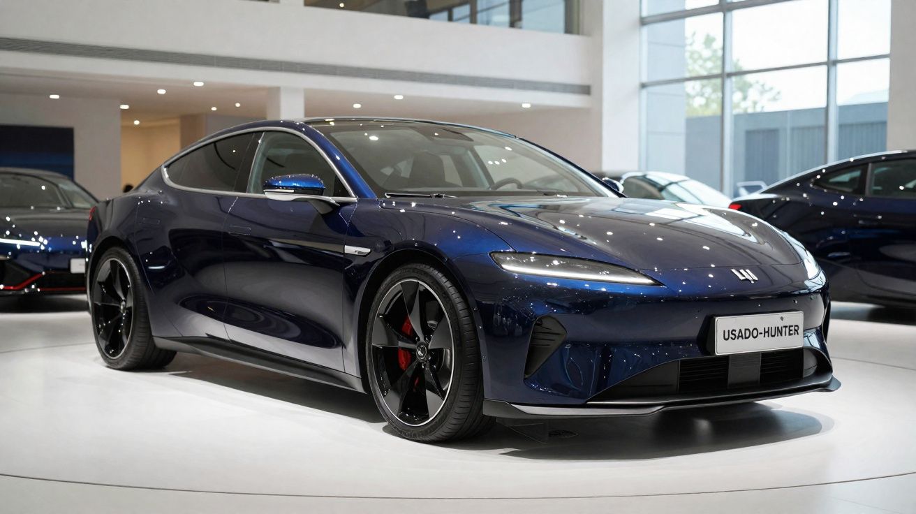 Carro esportivo elétrico azul escuro em exposição interna com design moderno e aerodinâmico.